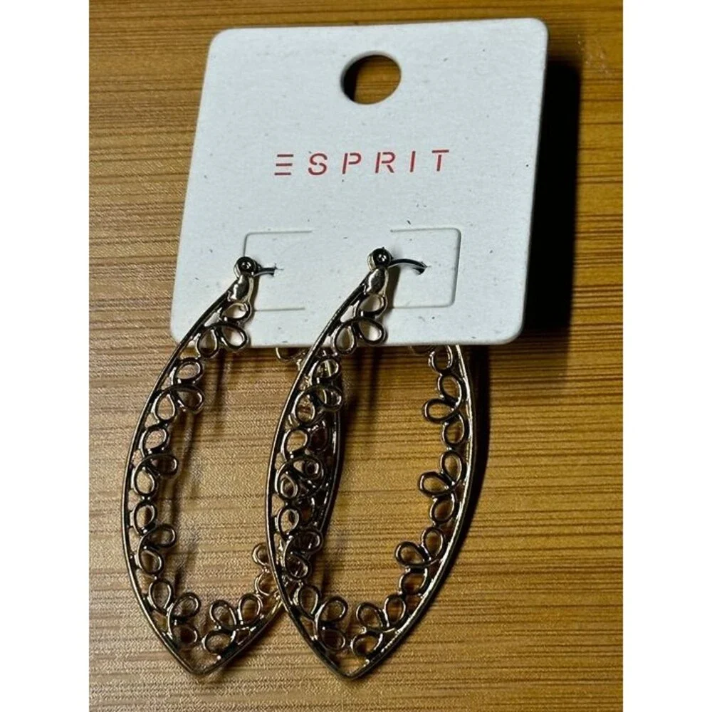 ESPRIT Gold Tone Filigree Teardrop Marquise Hoop Earrings Boho New Pair